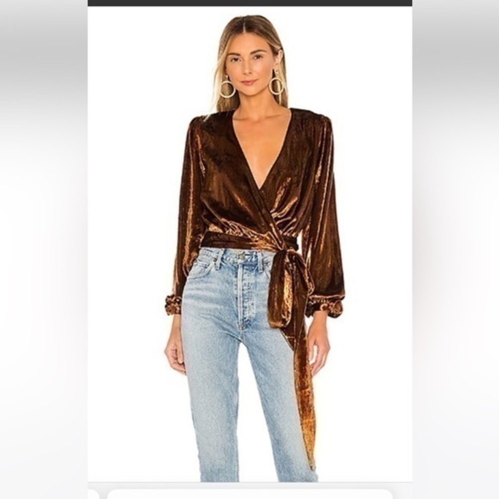 Lovers + Friends Bronze Wrap Velvet Long-Sleeve Blouse